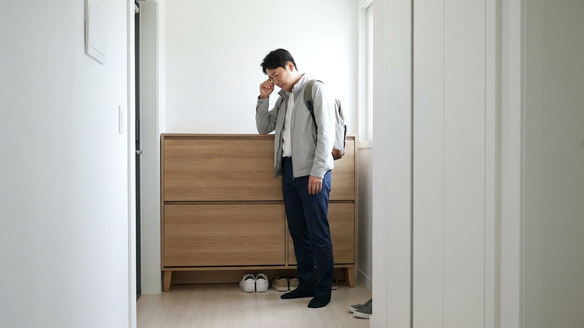 만성 피로 관련 사진, 출근 전 현관 신발장 앞에서 눈가를 누르며 피곤해하는 30대 남성
