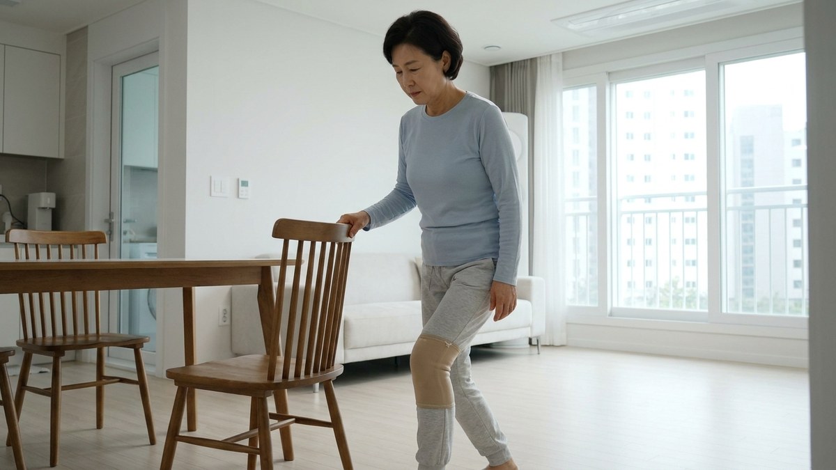 수술 후 재활 관련 사진, 거실에서 무릎 보호대를 차고 의자 등받이를 잡은 채 걷는 60대 여성