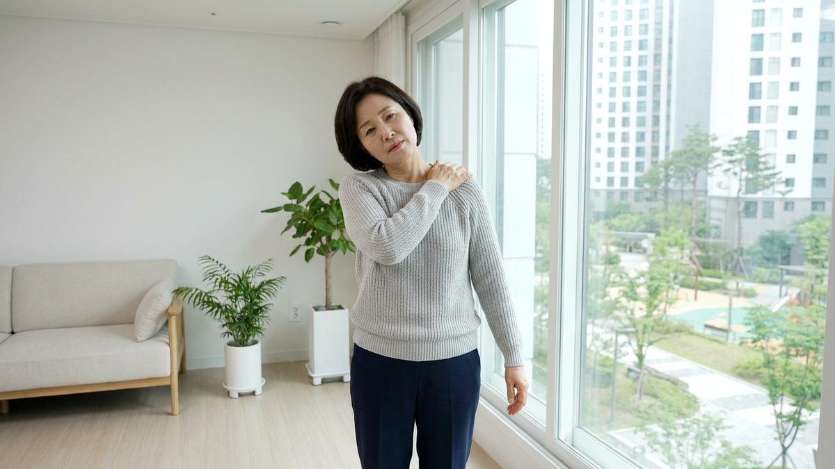 어깨 통증 관련 사진, 거실 창가에서 한 손을 어깨에 얹고 뻐근함을 느끼는 50대 여성